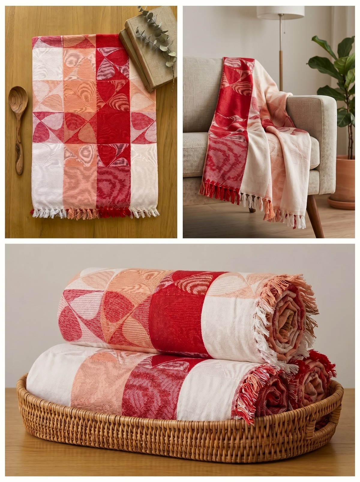 Red Base Floral Print Jacquard Blankets