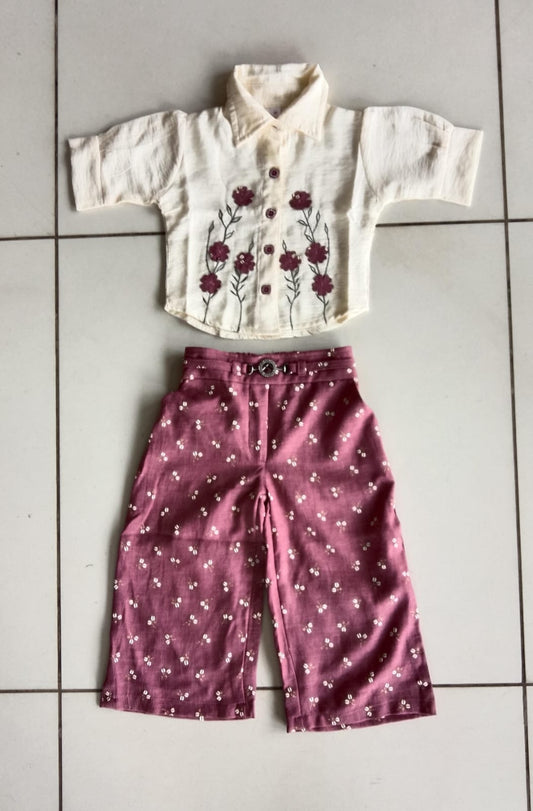 Cream Maroon Floral Shirt Pant Set