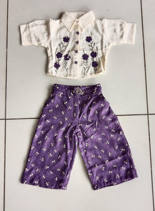 Cream Purple Floral Shirt Pant Set