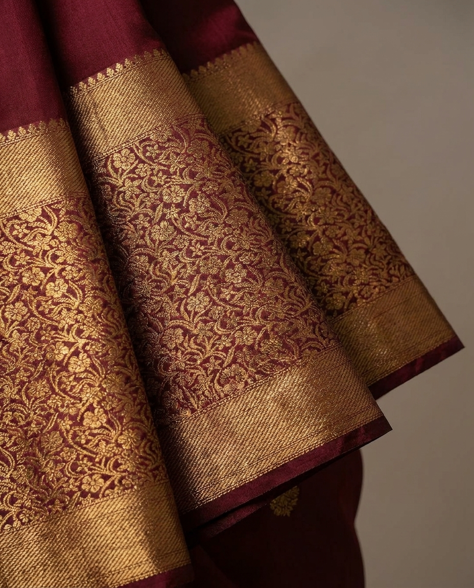 Maroon Gold Zari Border Saree fabric detail