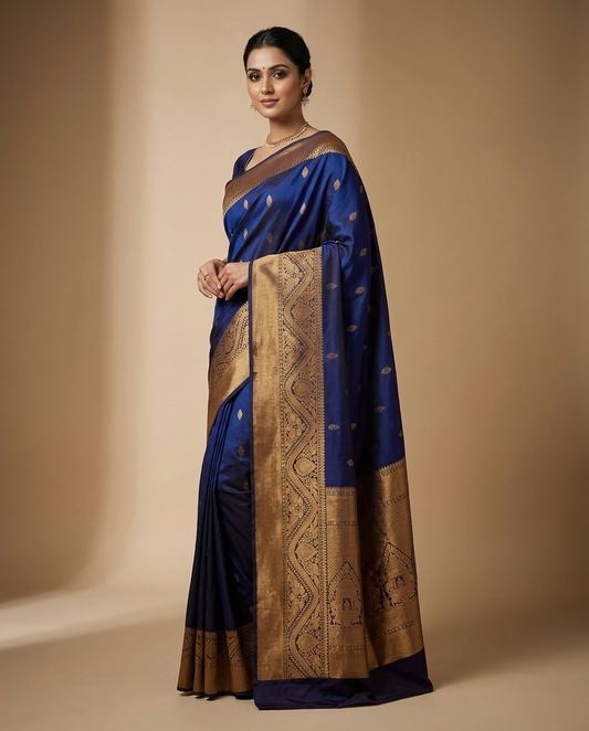 Navy Blue Gold Traditional Border Saree worn by model