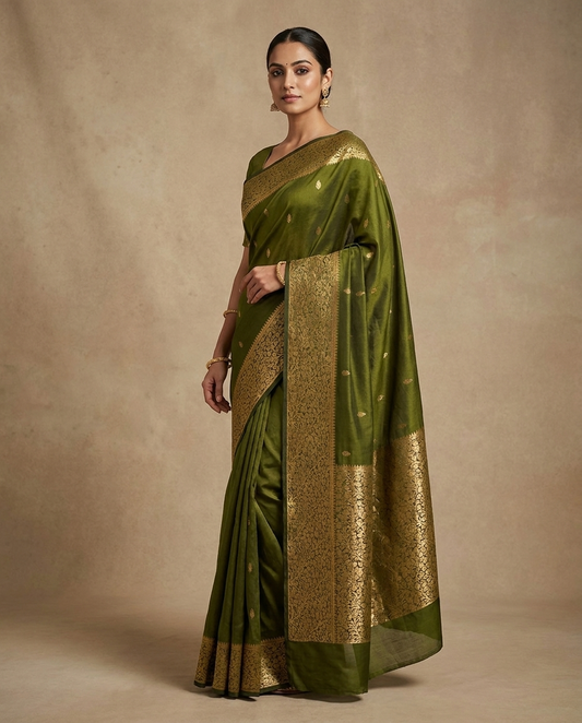 Olive Green Gold Border Saree worn by model
