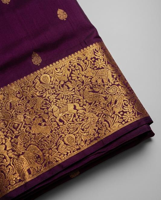 Purple Gold Brocade Border Saree fabric detail