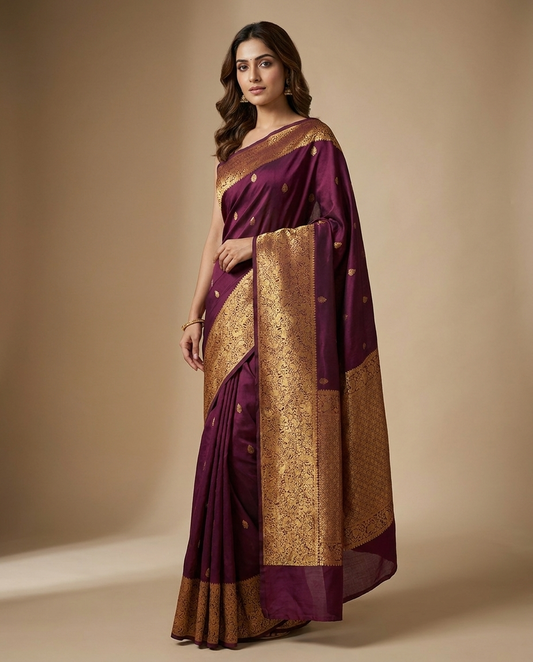 Purple Gold Brocade Border Saree worn by model