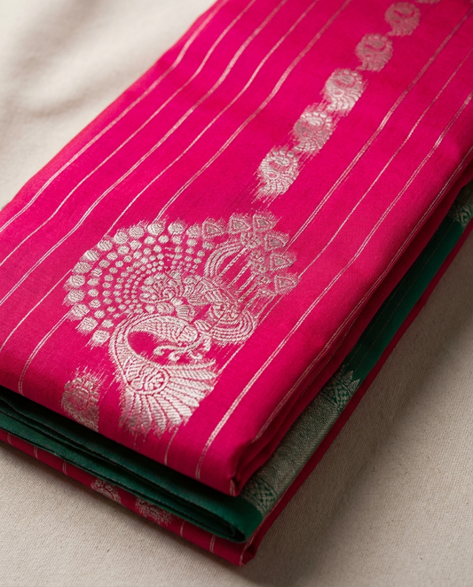 Red Peacock Jacquard Saree fabric detail