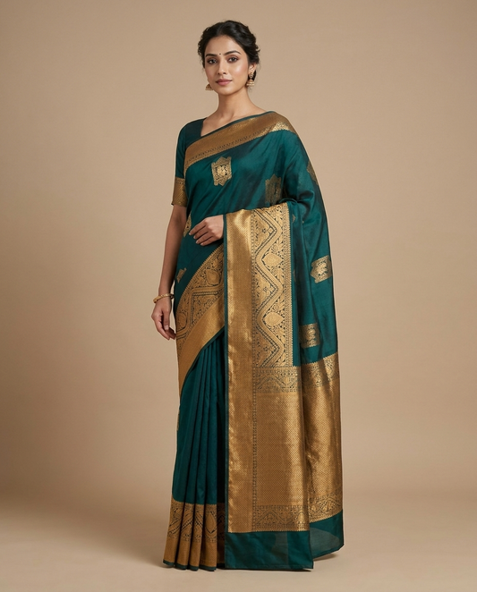 Teal Blue Gold Traditional Border Saree worn by model