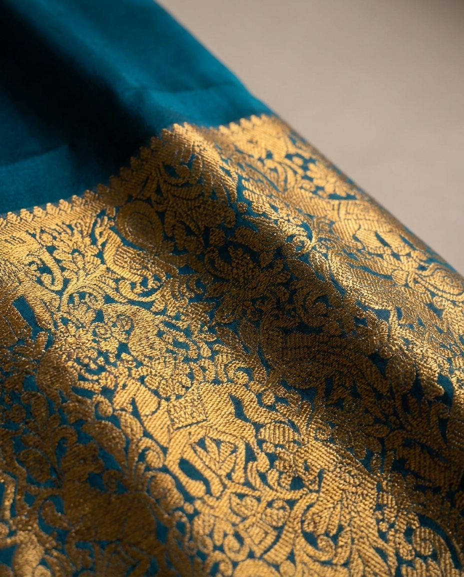 Teal Gold Brocade Border Saree fabric detail