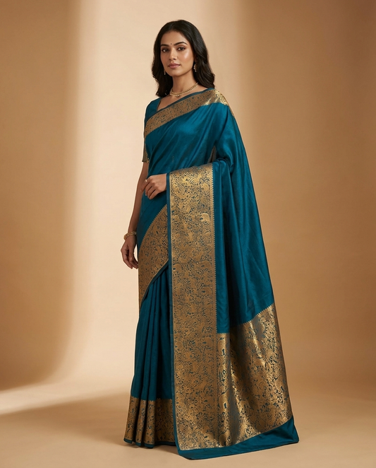 Teal Gold Brocade Border Saree worn by model
