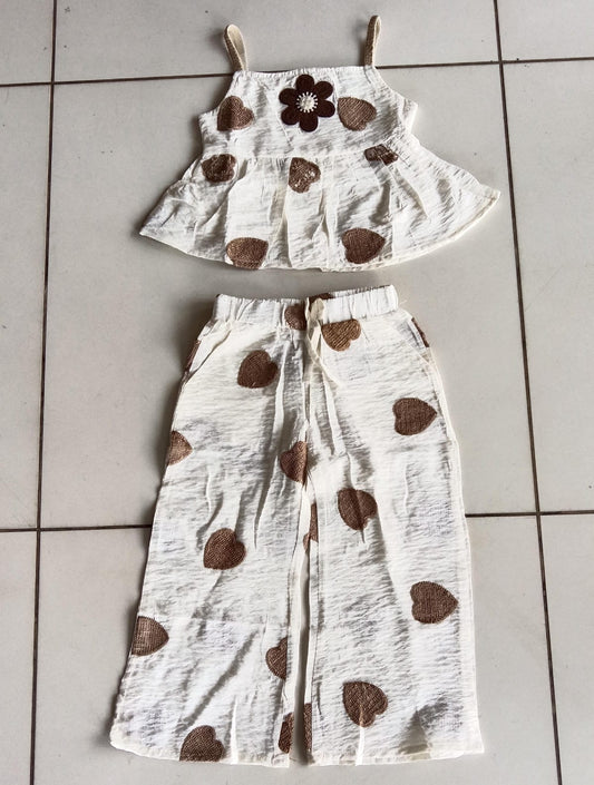White Brown Heart Top Pant Set