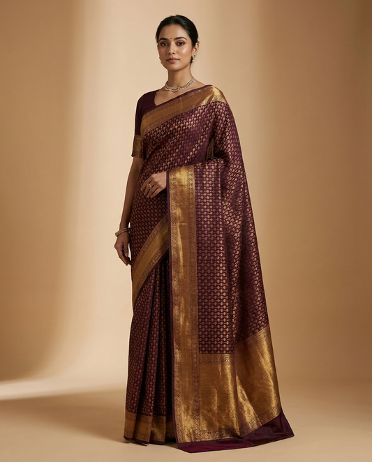 Wine Gold Floral Brocade Saree worn by model