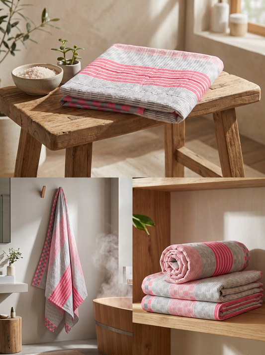 Coral Grey Striped Bamboo Towel