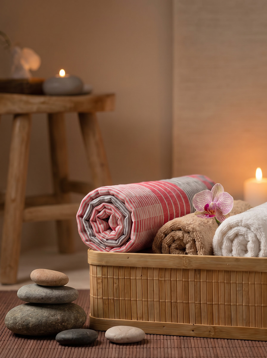 Coral Grey Striped Bamboo Towel