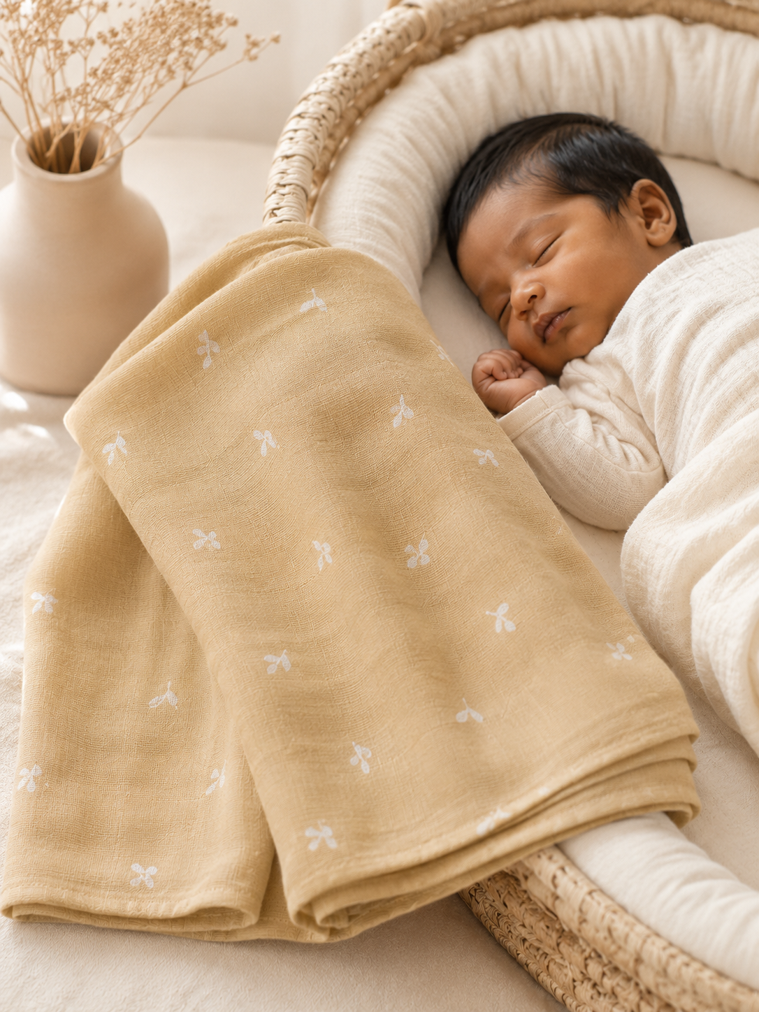 Beige Leaf Muslin Swaddle Towel