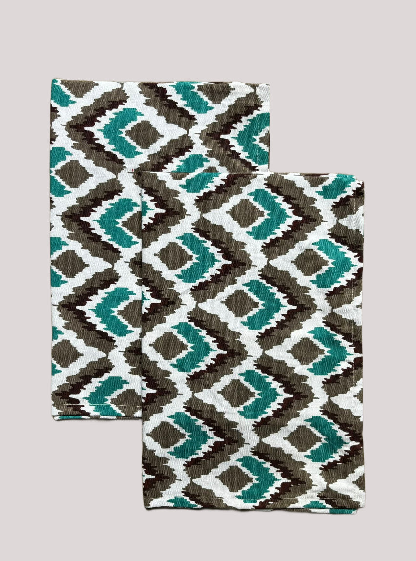 Cotton Pillow Cover - White Brown Green Zigzag