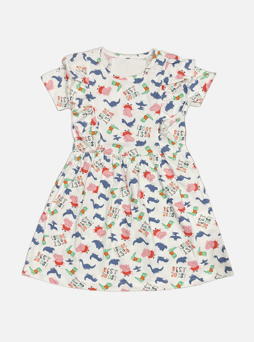 Half Sleeve Frock - White Base Best Dino Pig Buds!