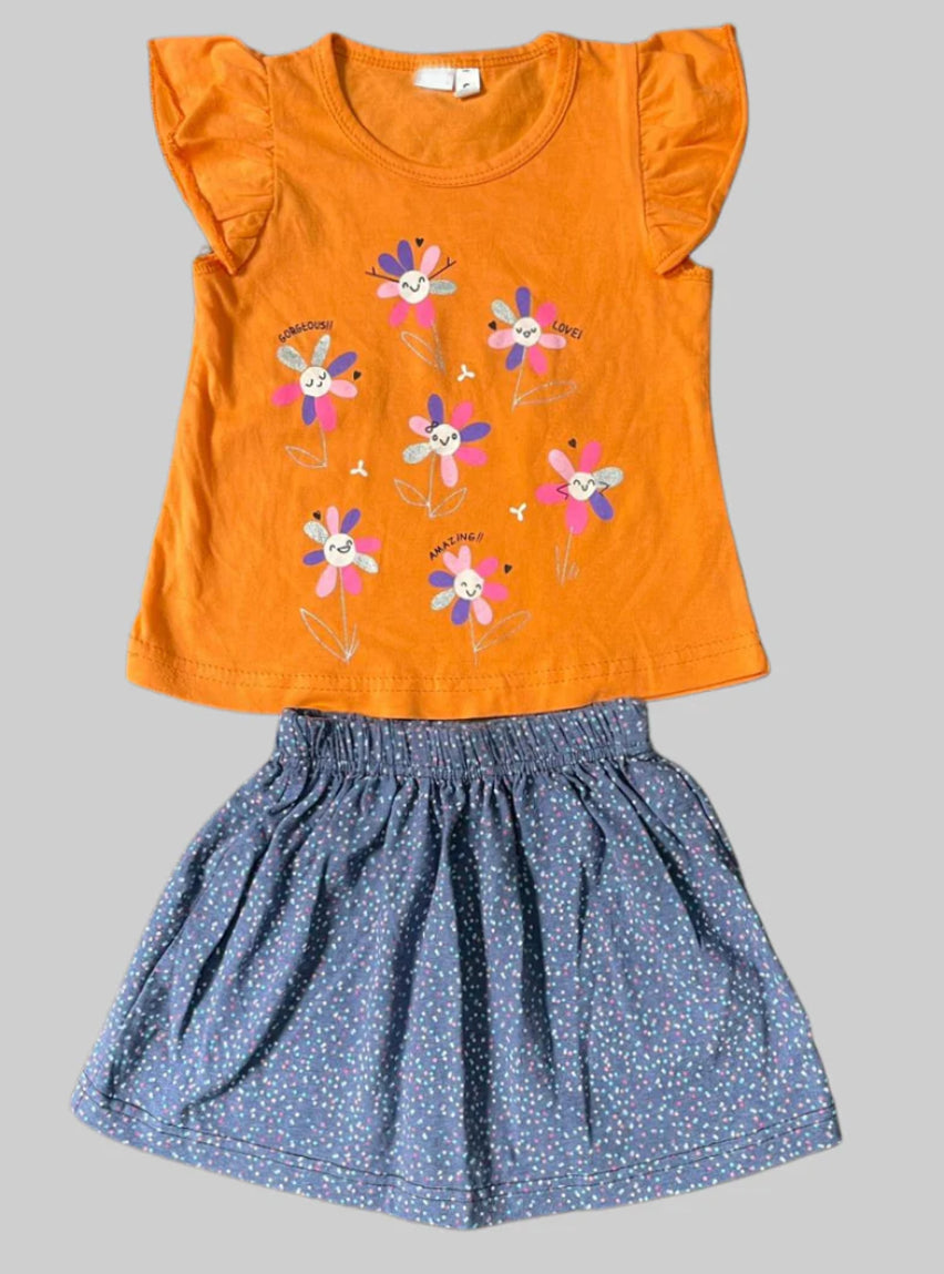 Girls Tee Skirt Set(1-2Years) - Orange With Grey