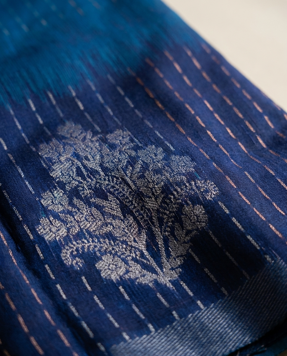 Blue Floral Jacquard Saree fabric detail