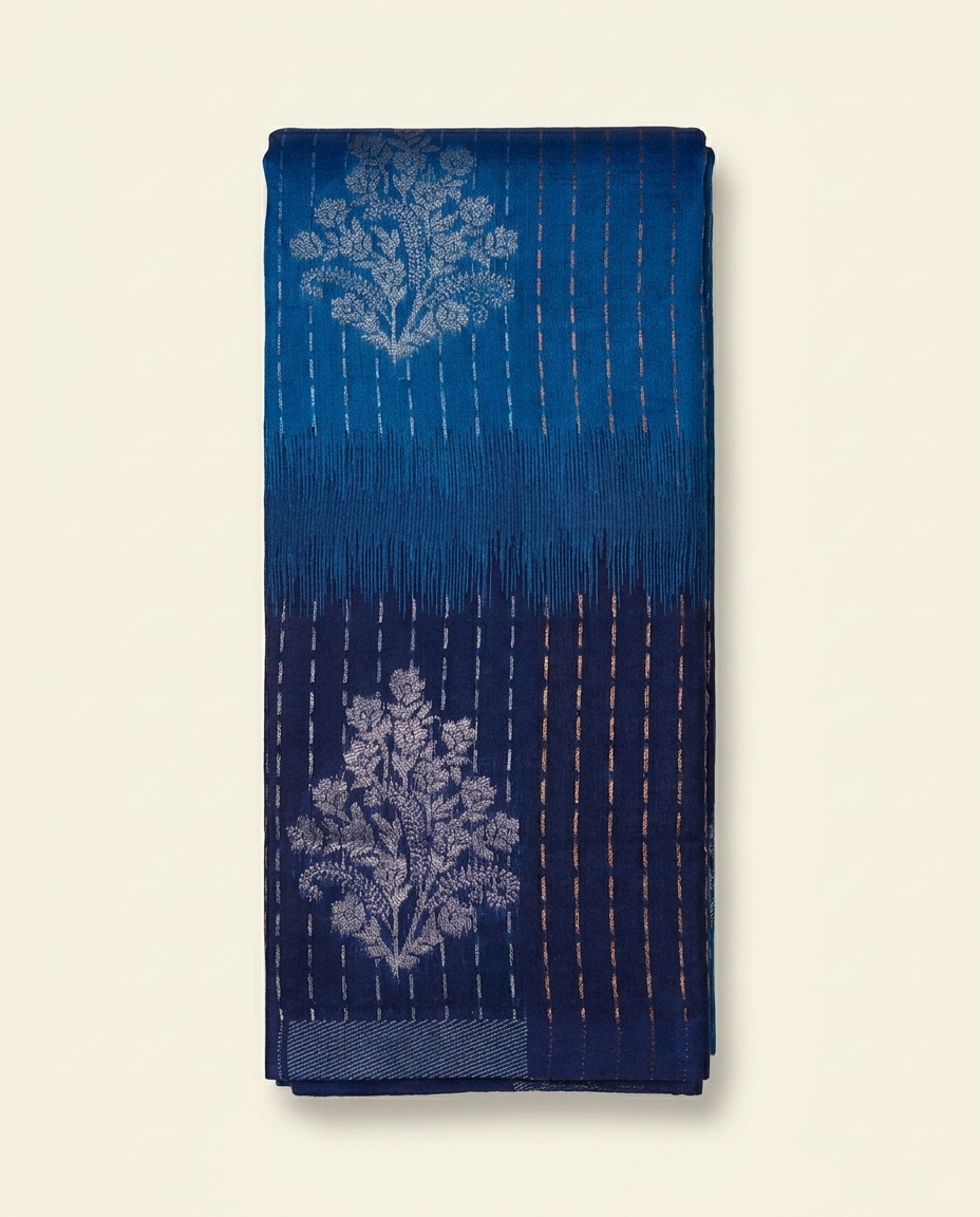 Blue Floral Jacquard Saree folded view