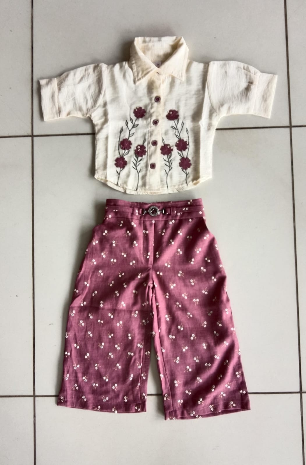 Cream Maroon Floral Shirt Pant Set