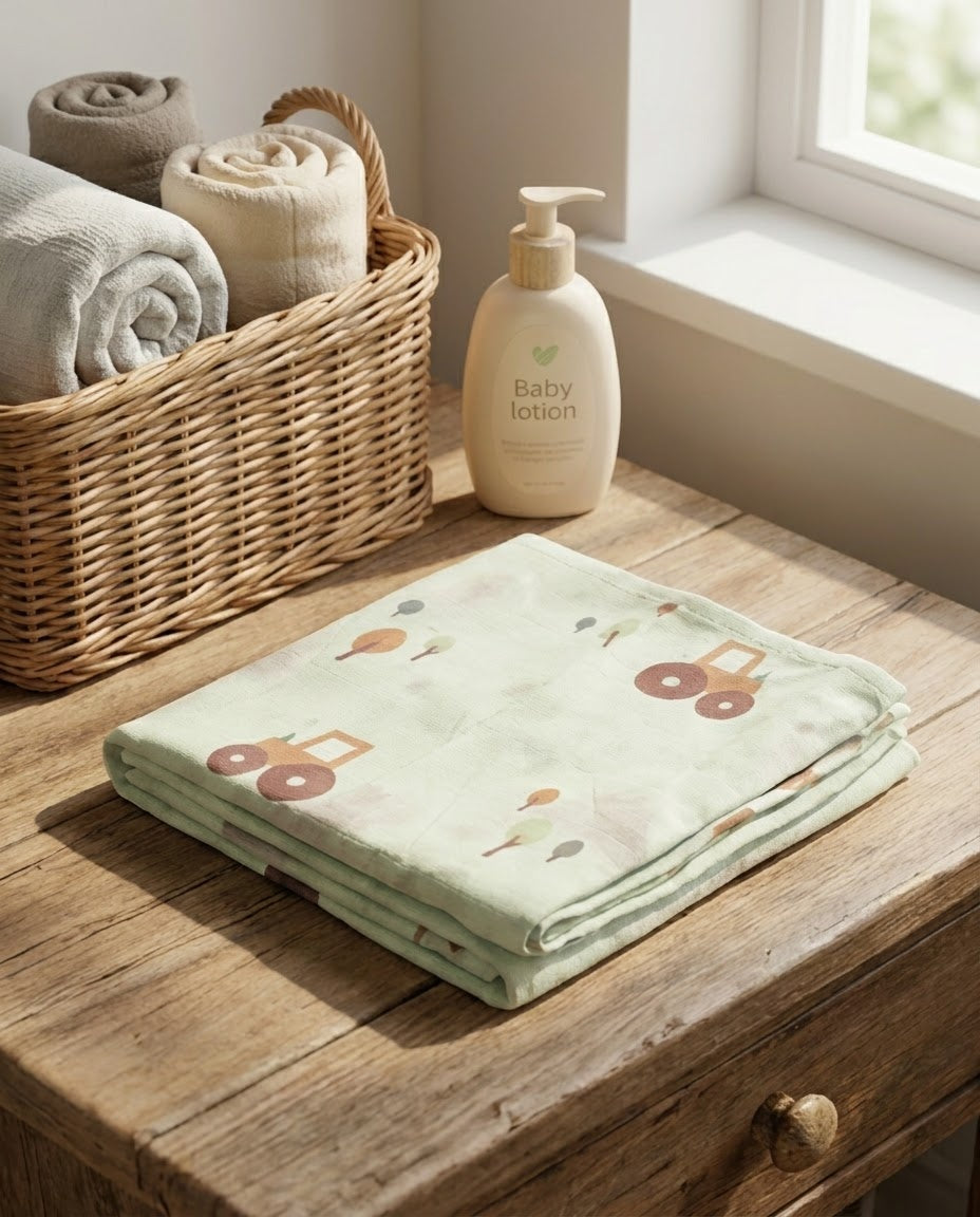 Tractor and Tree Muslin Swaddle Towel