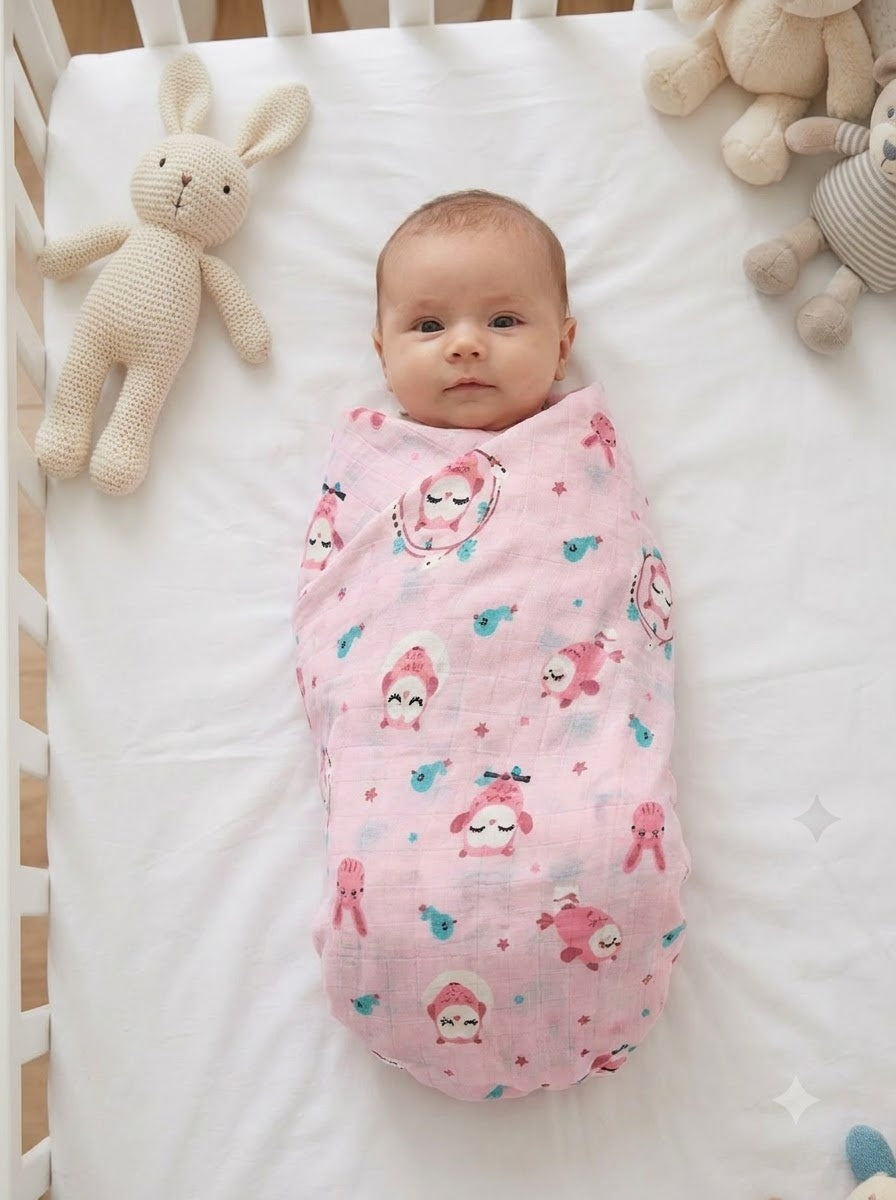 Pink Owl and Bunny Muslin Swaddle Towel