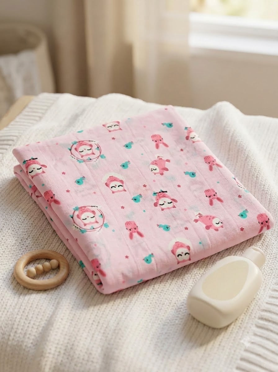 Pink Owl and Bunny Muslin Swaddle Towel