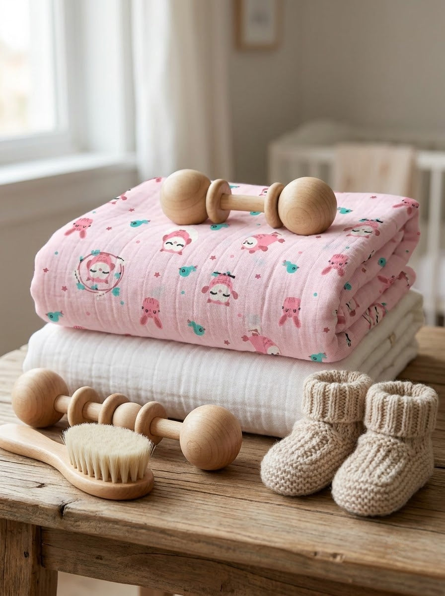 Pink Owl and Bunny Muslin Swaddle Towel