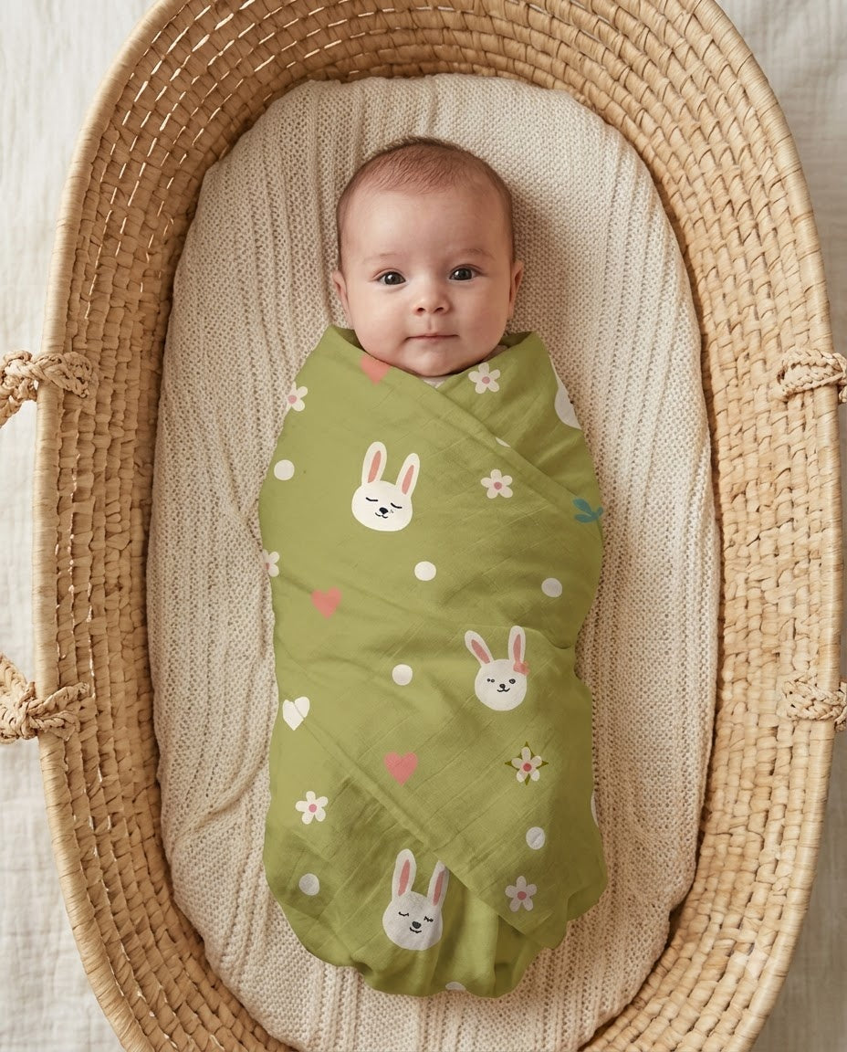 Olive Bunny Heart Muslin Swaddle Towel