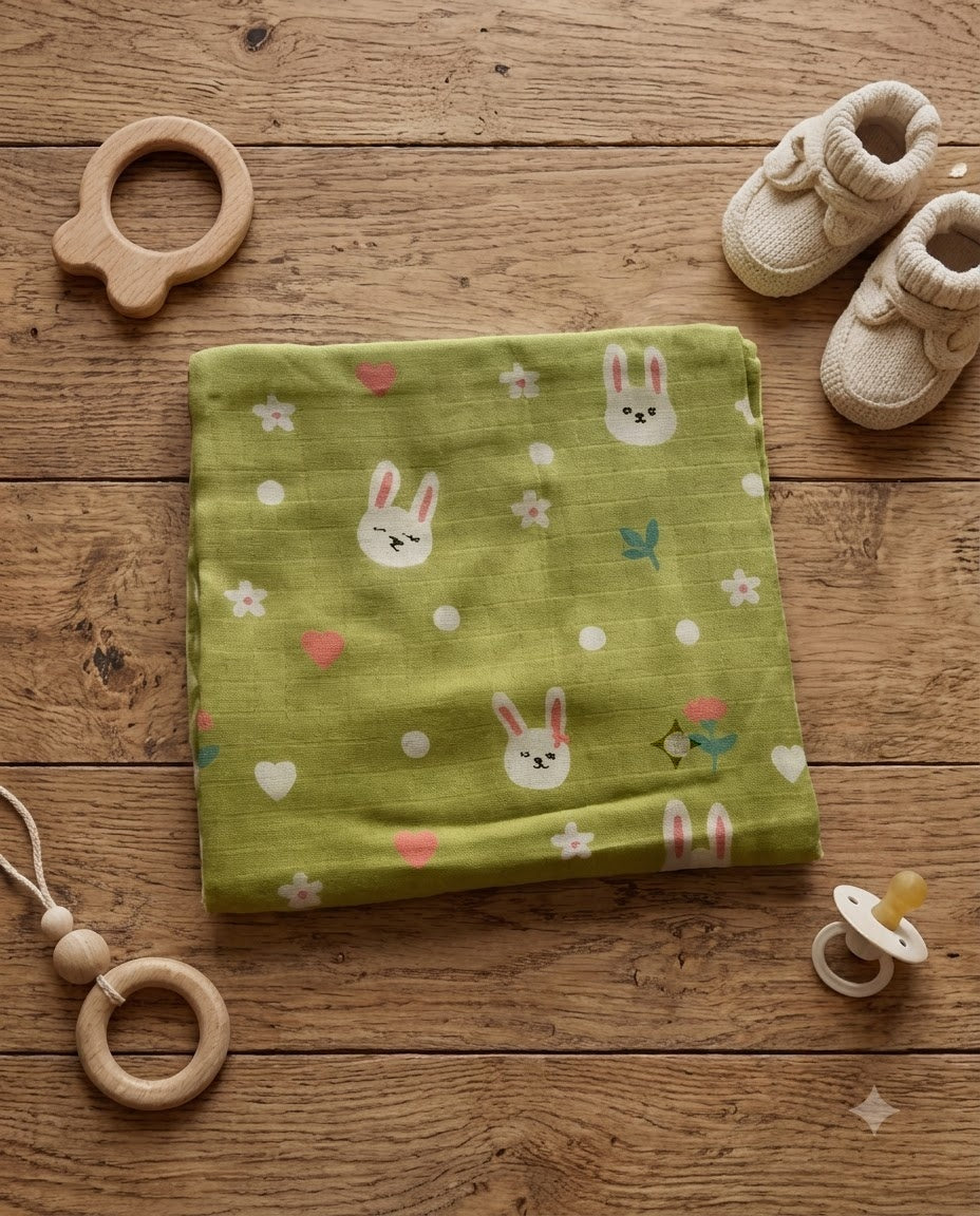 Olive Bunny Heart Muslin Swaddle Towel