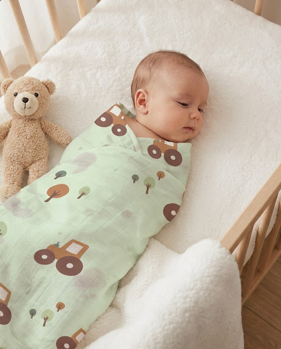 Tractor and Tree Muslin Swaddle Towel