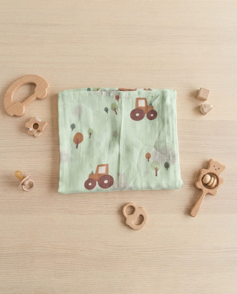 Tractor and Tree Muslin Swaddle Towel