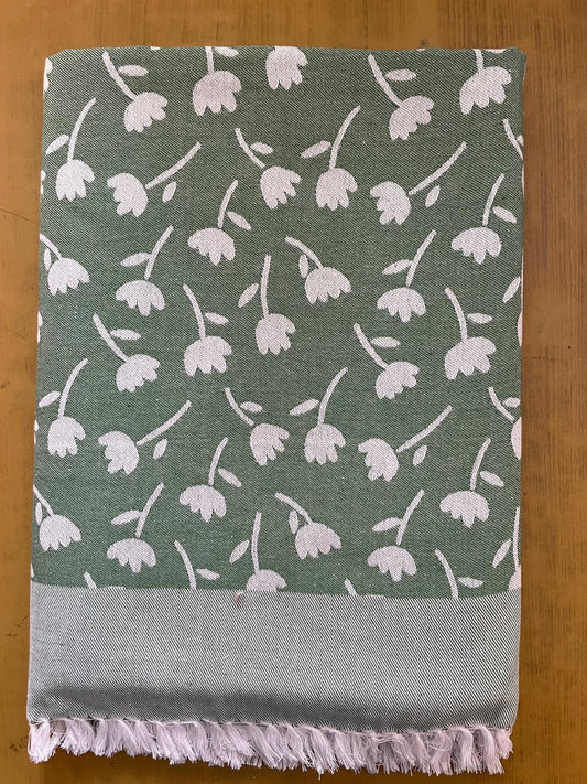 Green Base Lotus Print Jacquard Blankets