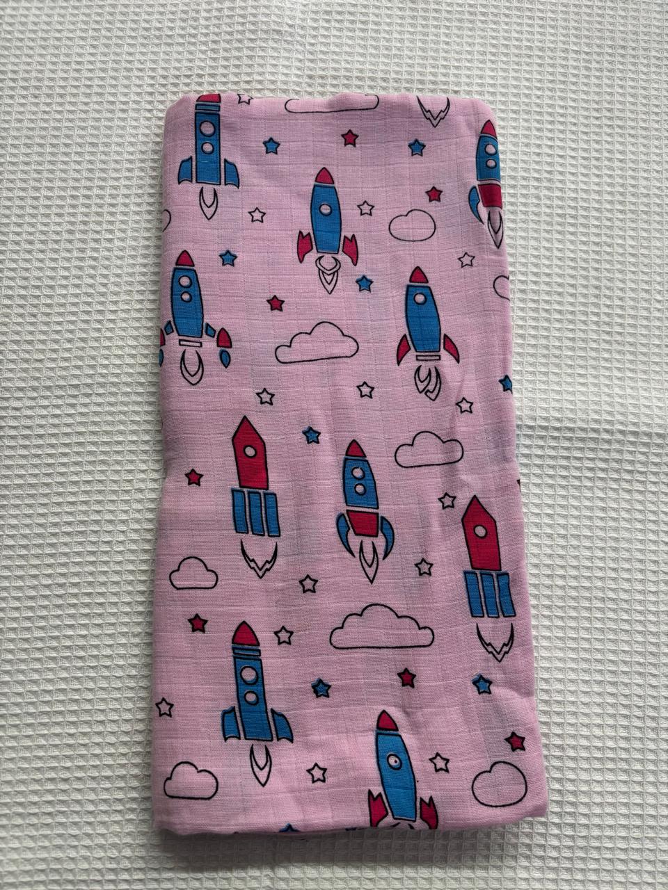 Pink Base Rocket Print Muslin Towel