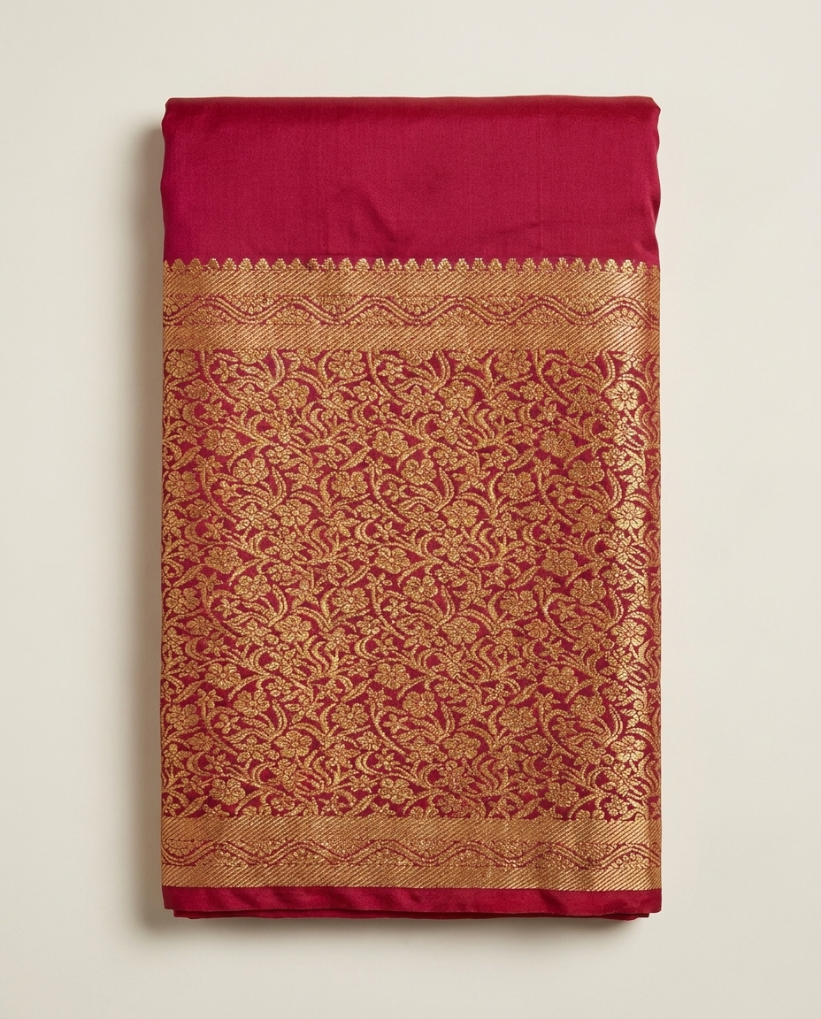 Maroon Gold Zari Border Saree folded view