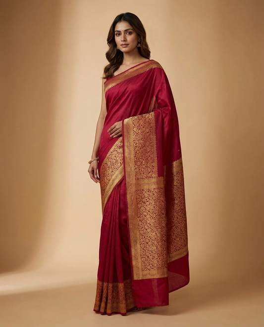 Maroon Gold Zari Border Saree worn by model