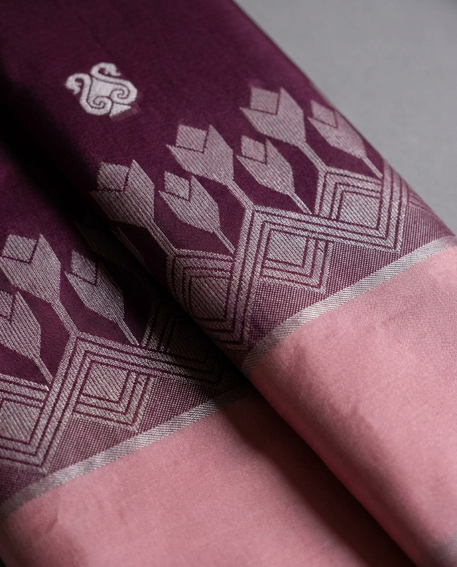 Maroon Pink Floral Border Saree fabric detail
