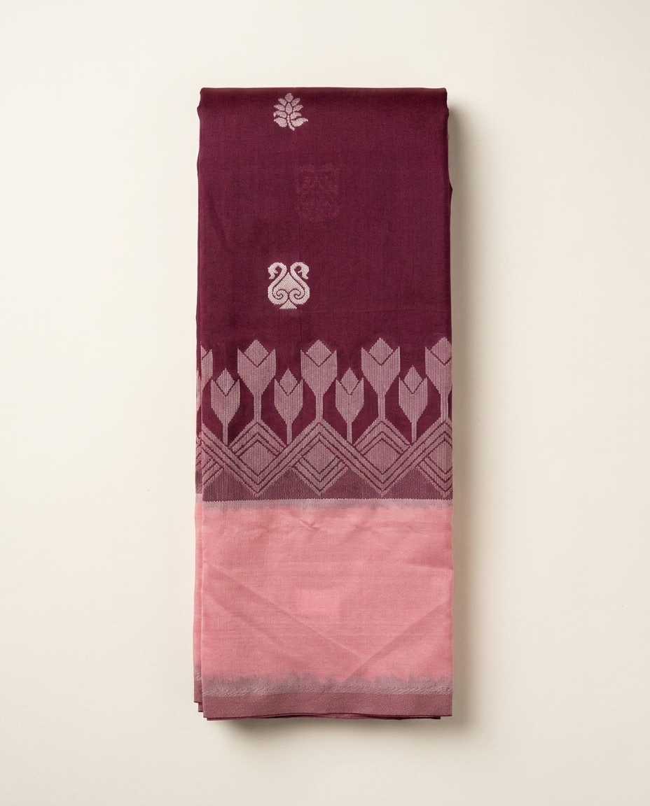 Maroon Pink Floral Border Saree folded view