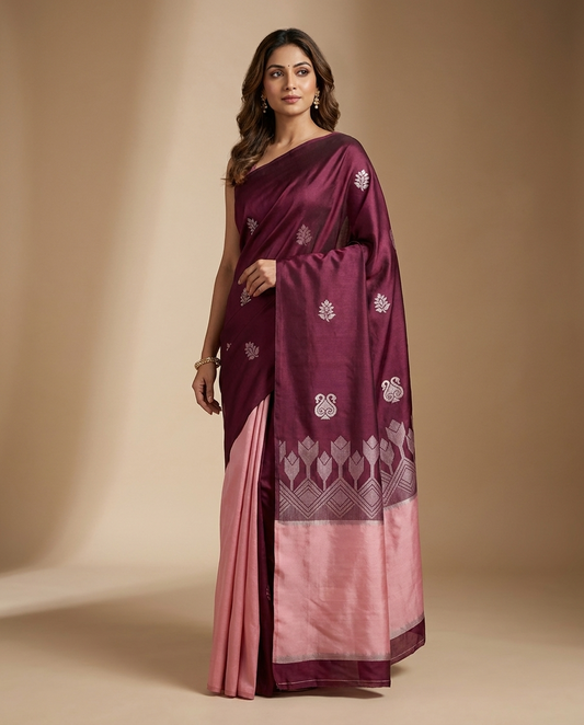 Maroon Pink Floral Border Saree worn by model