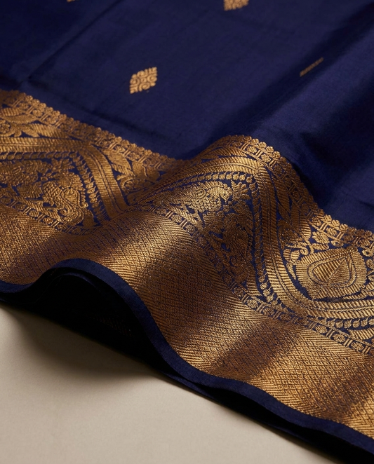 Navy Blue Gold Traditional Border Saree fabric detail