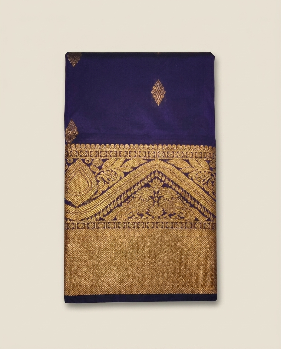 Navy Blue Gold Traditional Border Saree folded view