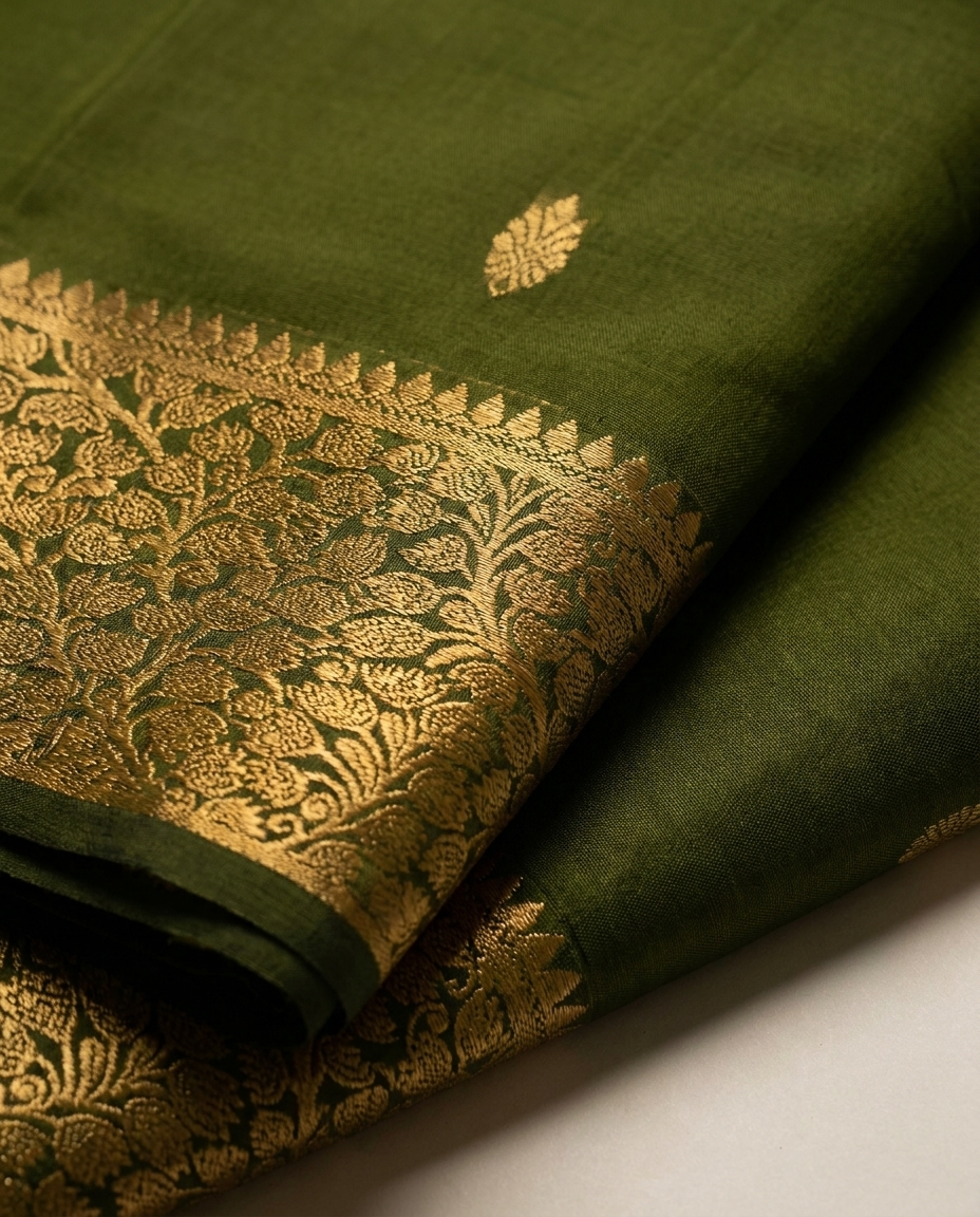 Olive Green Gold Border Saree fabric detail
