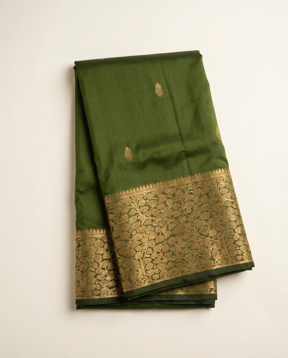 Olive Green Gold Border Saree folded view