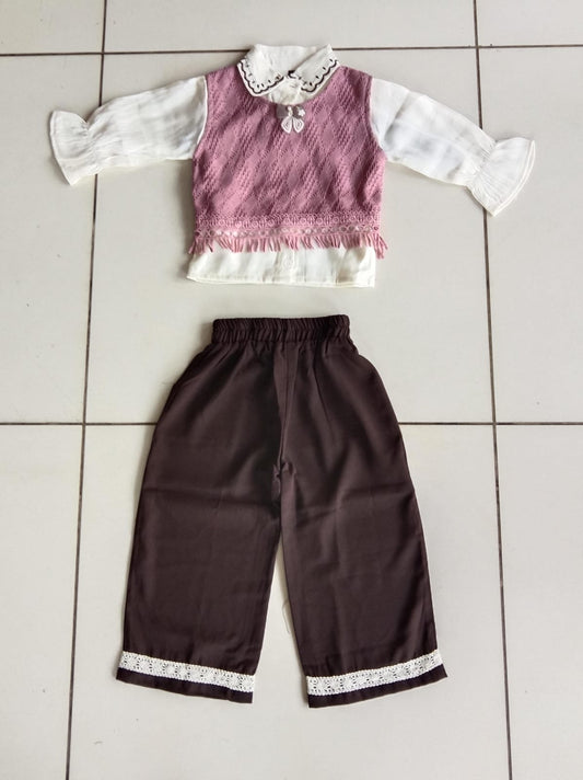 Pink Knit Top Brown Pant Set