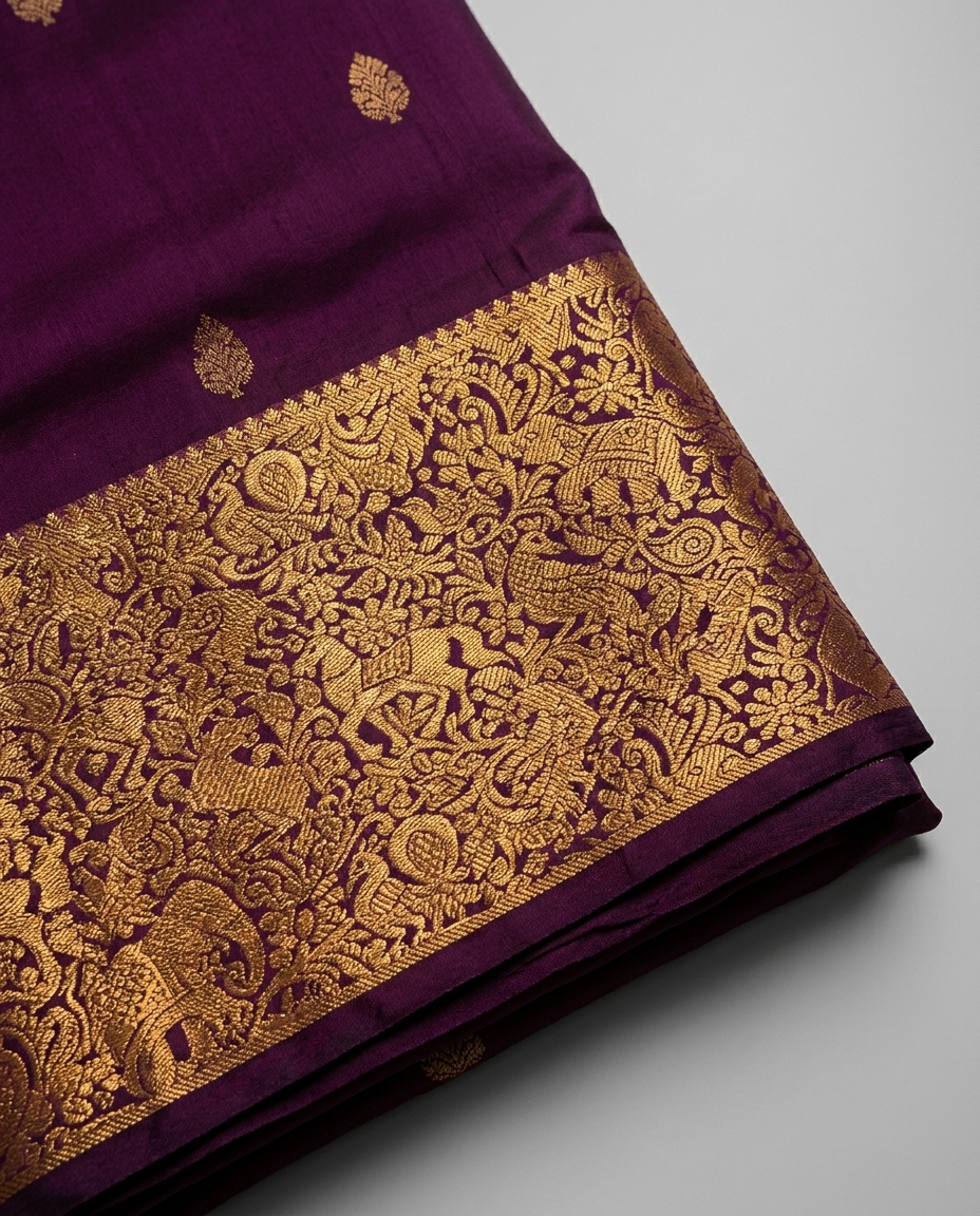 Purple Gold Brocade Border Saree fabric detail