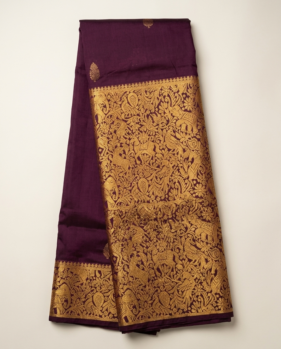 Purple Gold Brocade Border Saree folded view