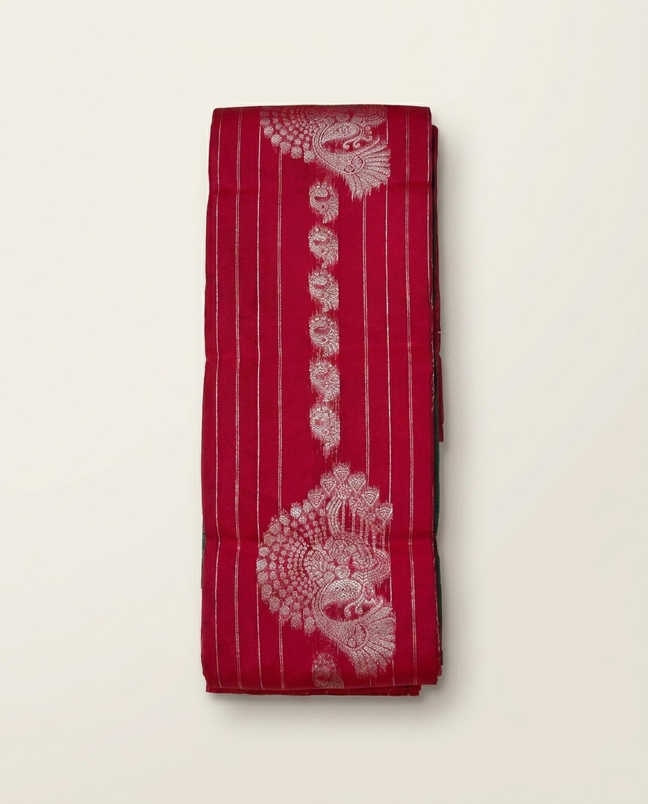 Red Peacock Jacquard Saree folded view