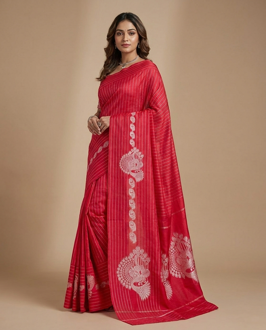 Red Peacock Jacquard Saree worn by model