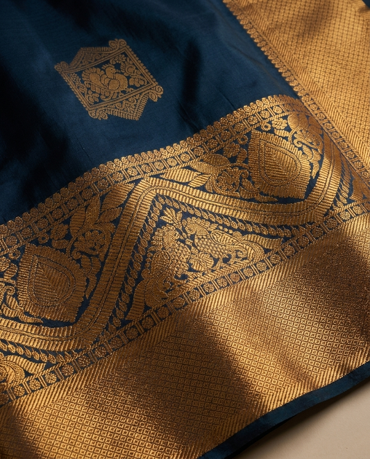 Teal Blue Gold Traditional Border Saree fabric detail