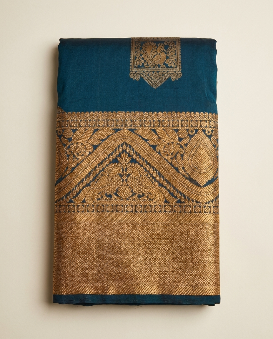 Teal Blue Gold Traditional Border Saree folded view