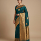 Teal Blue Gold Traditional Border Saree worn by model
